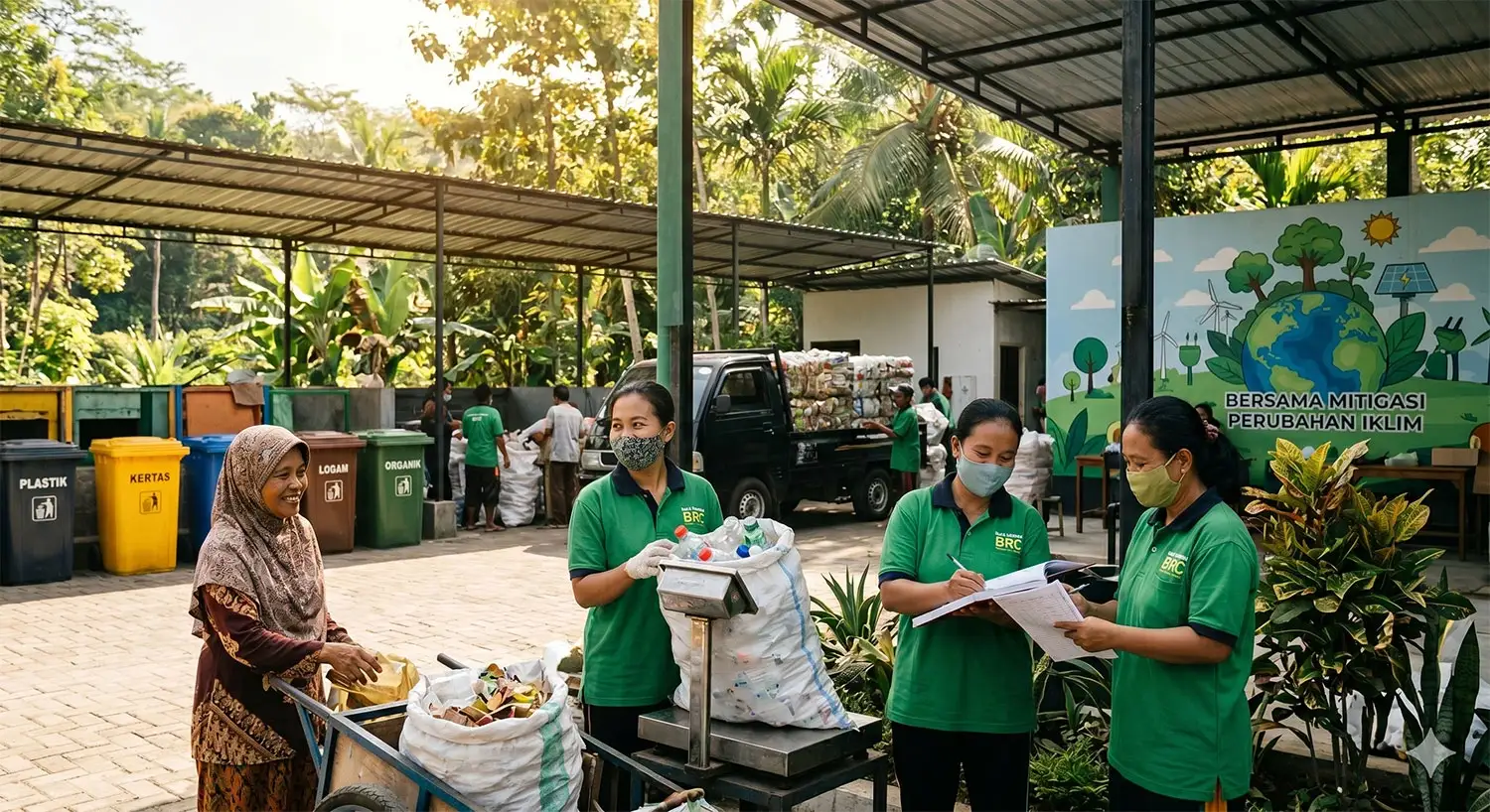 Women in green shirts record data at a Bali zero waste community recycling point with sorted bins.